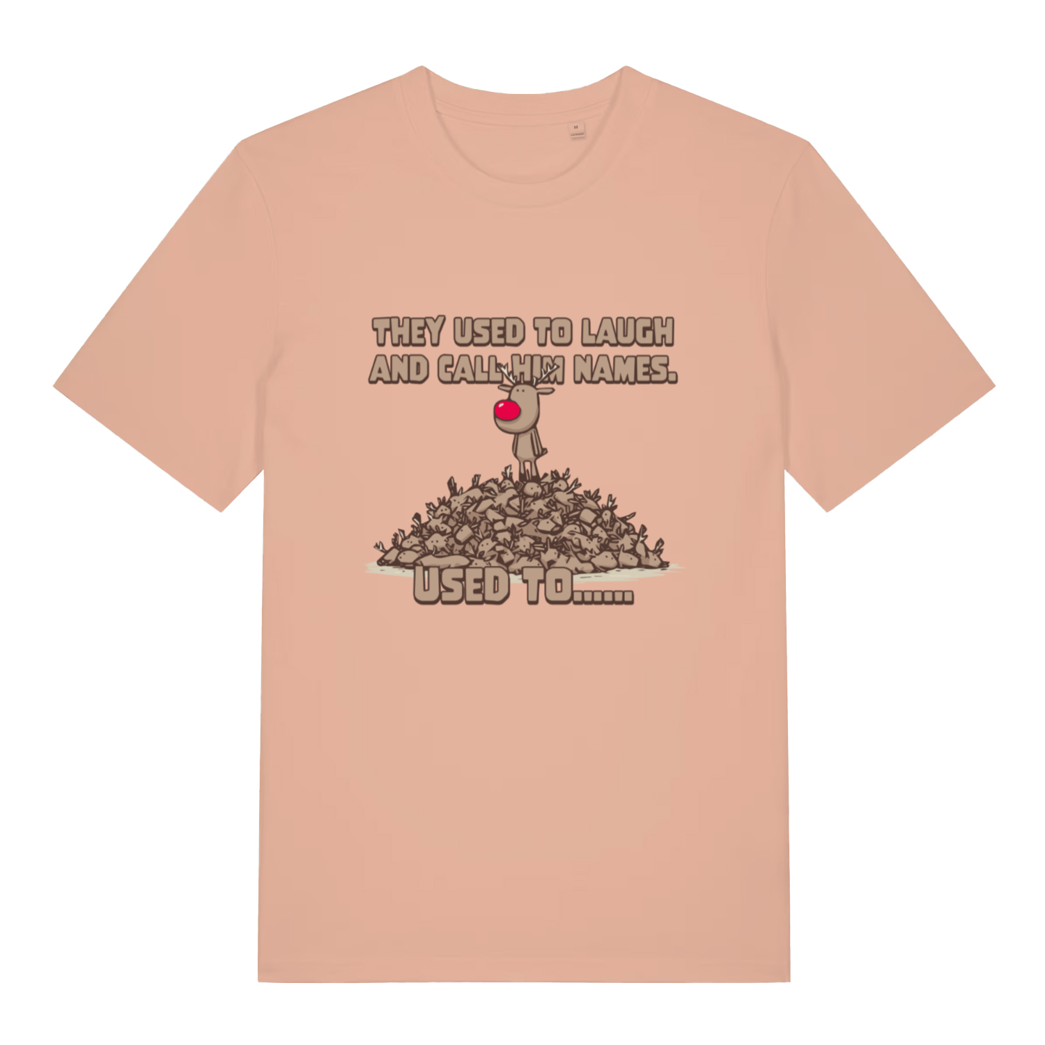 peach women's christmas t-shirt with the graphic of rudolph stood on top of a pile of reindeer with the slogan 'they used to laugh and call me names, used to'