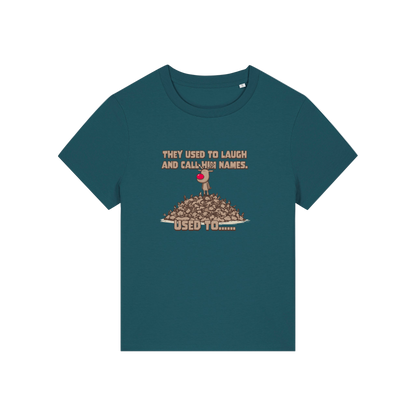 teal christmas graphic t-shirt with a rudolph stood on top of a pile of reindeer and the slogan 'they used to alaugh and call him names .. used to'