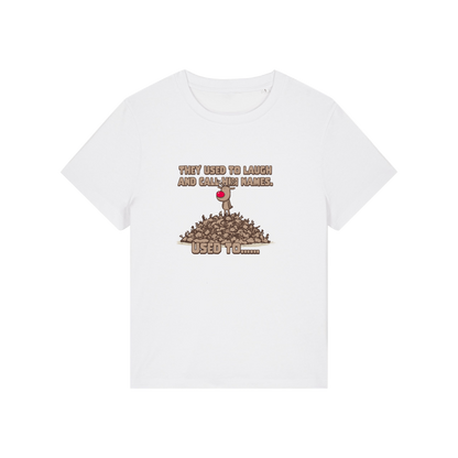 white christmas graphic t-shirt with a rudolph stood on top of a pile of reindeer and the slogan 'they used to alaugh and call him names .. used to'