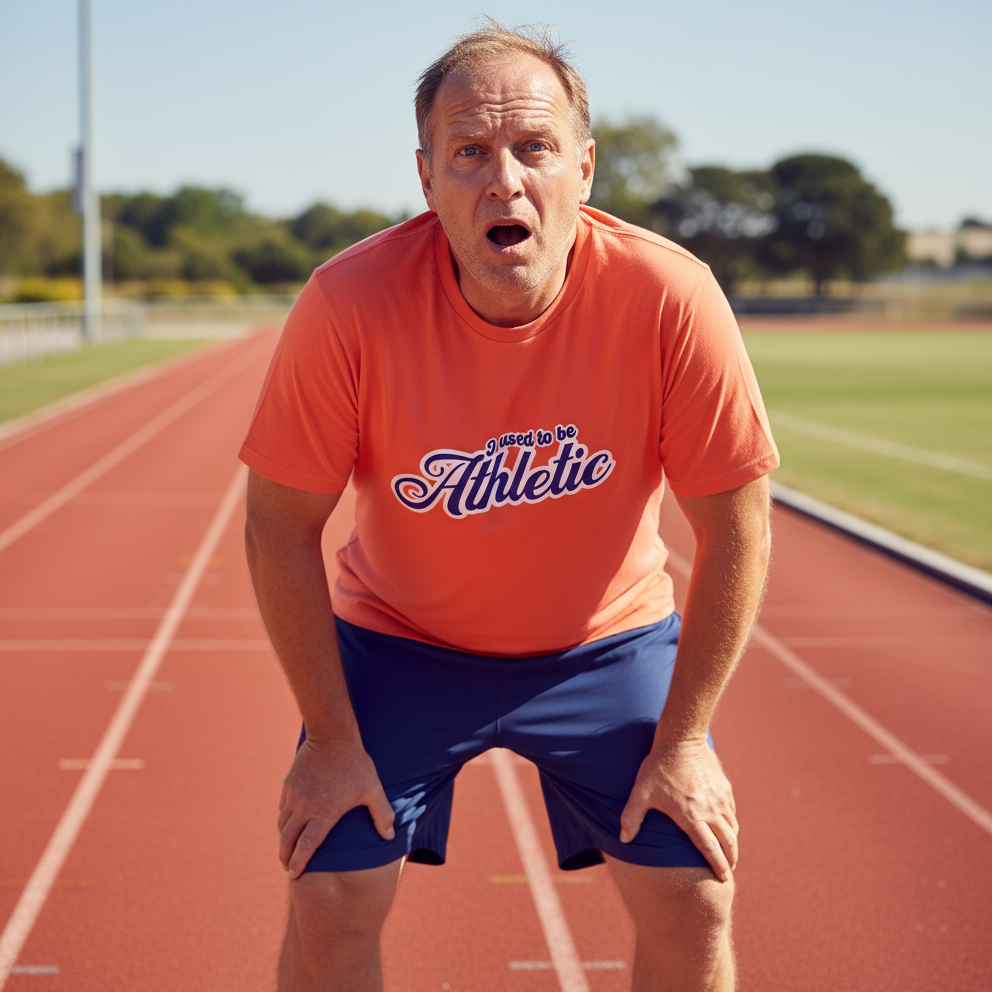 man stood on a running track seemingly out of breath whilst wearing a slogan t-shirt that reads 'i used to be athletic'