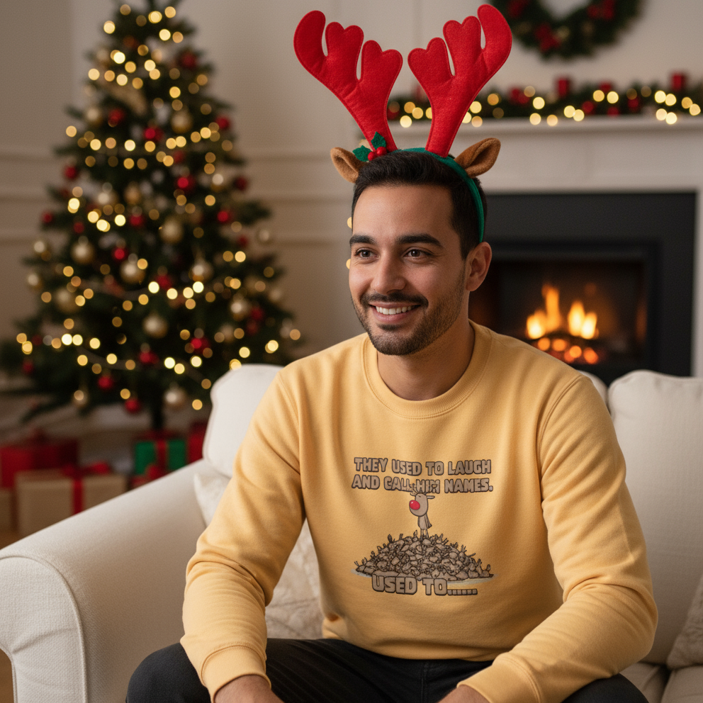 A man in a yellow sweater with a reindeer print and humorous text sits on a sofa. He's wearing reindeer antlers. Background features a lit Christmas tree and fireplace, creating a festive, cozy atmosphere.