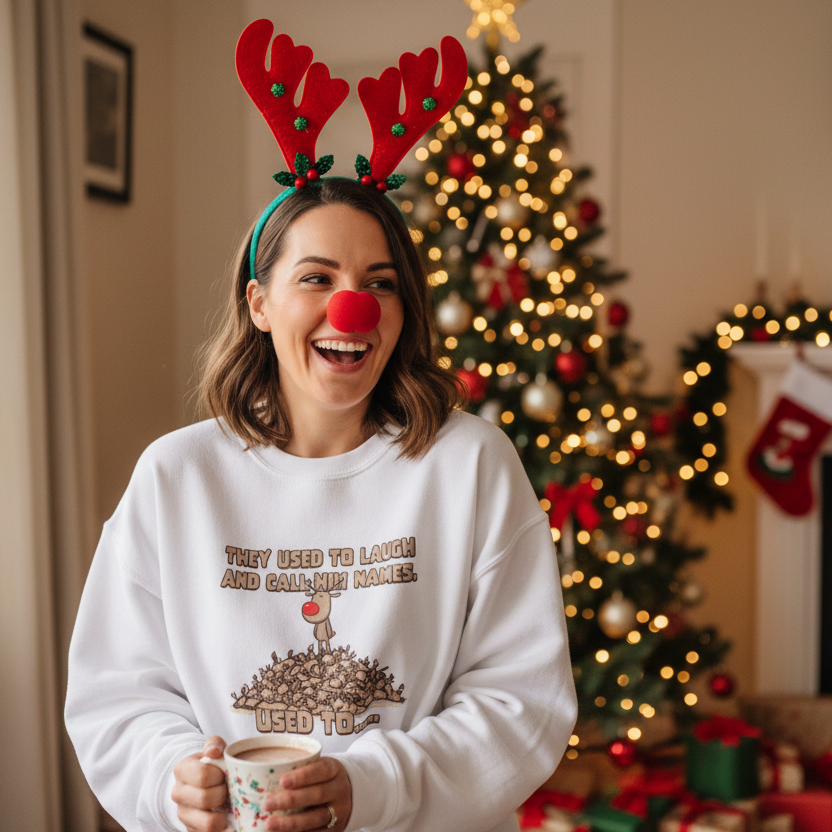 A woman in holiday attire, wearing reindeer antlers and a red nose, laughs joyfully in front of a decorated Christmas tree, holding a festive mug.