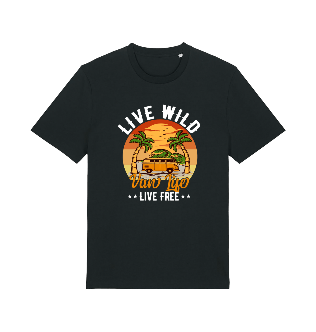 black graphic t-shirt with a campervan in between two palm trees and the slogan 'live wild live free van life'
