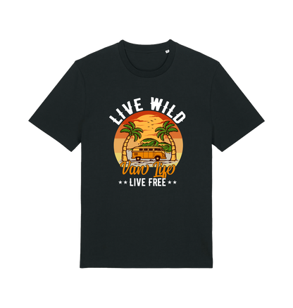black graphic t-shirt with a campervan in between two palm trees and the slogan 'live wild live free van life'