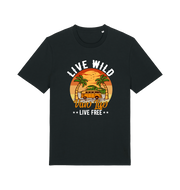 black graphic t-shirt with a campervan in between two palm trees and the slogan 'live wild live free van life'