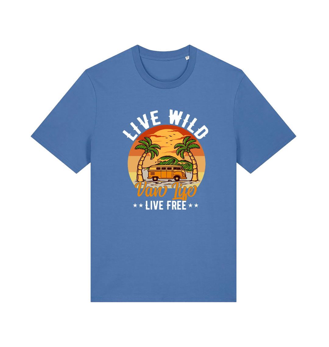 blue graphic t-shirt with a campervan in between two palm trees and the slogan 'live wild live free van life'