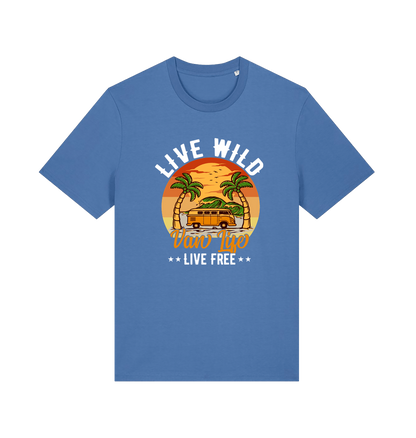 blue graphic t-shirt with a campervan in between two palm trees and the slogan 'live wild live free van life'