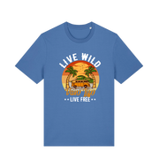 blue graphic t-shirt with a campervan in between two palm trees and the slogan 'live wild live free van life'