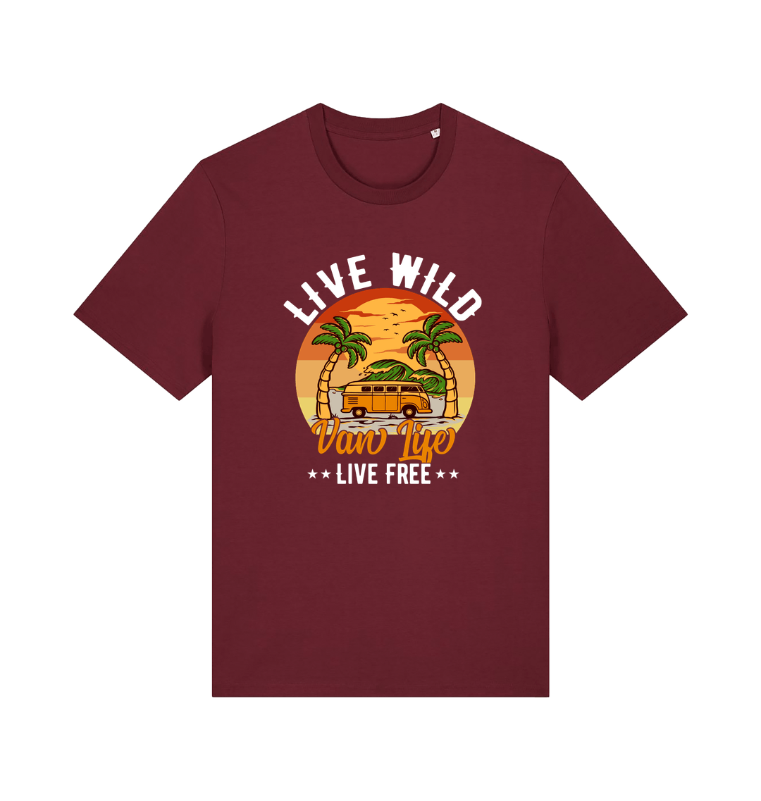 burgundy graphic t-shirt with a campervan in between two palm trees and the slogan 'live wild live free van life'