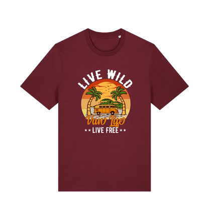 burgundy graphic t-shirt with a campervan in between two palm trees and the slogan 'live wild live free van life'