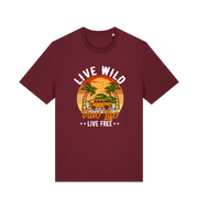 burgundy graphic t-shirt with a campervan in between two palm trees and the slogan 'live wild live free van life'