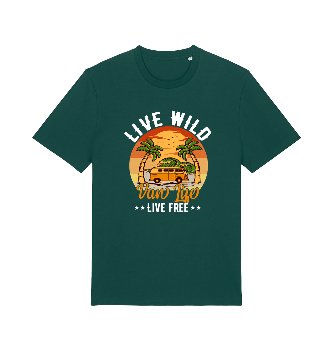 green graphic t-shirt with a campervan in between two palm trees and the slogan 'live wild live free van life'