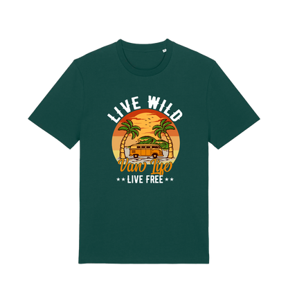 green graphic t-shirt with a campervan in between two palm trees and the slogan 'live wild live free van life'