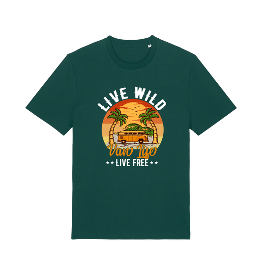 green graphic t-shirt with a campervan in between two palm trees and the slogan 'live wild live free van life'