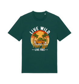 green graphic t-shirt with a campervan in between two palm trees and the slogan 'live wild live free van life'