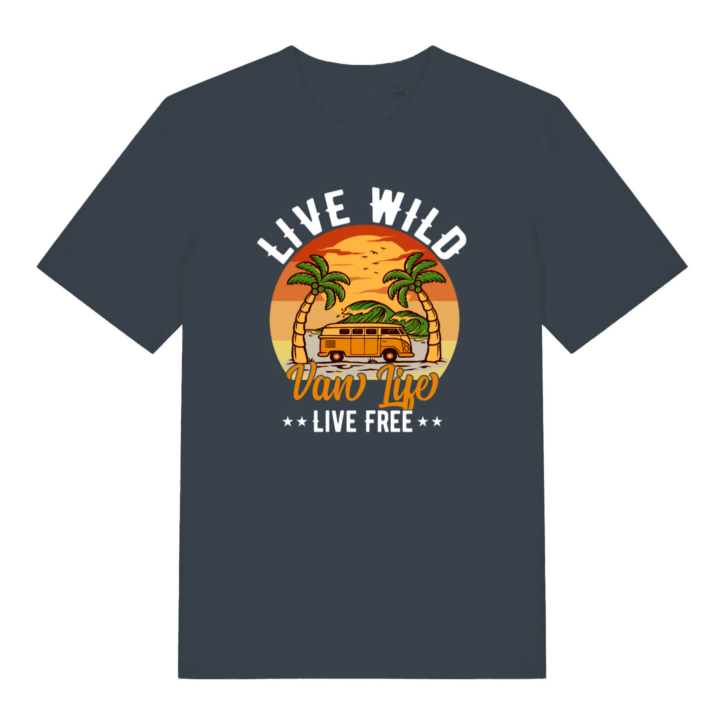 ink grey t-shirt with a campervan design and the slogan 'live wild van life life free'