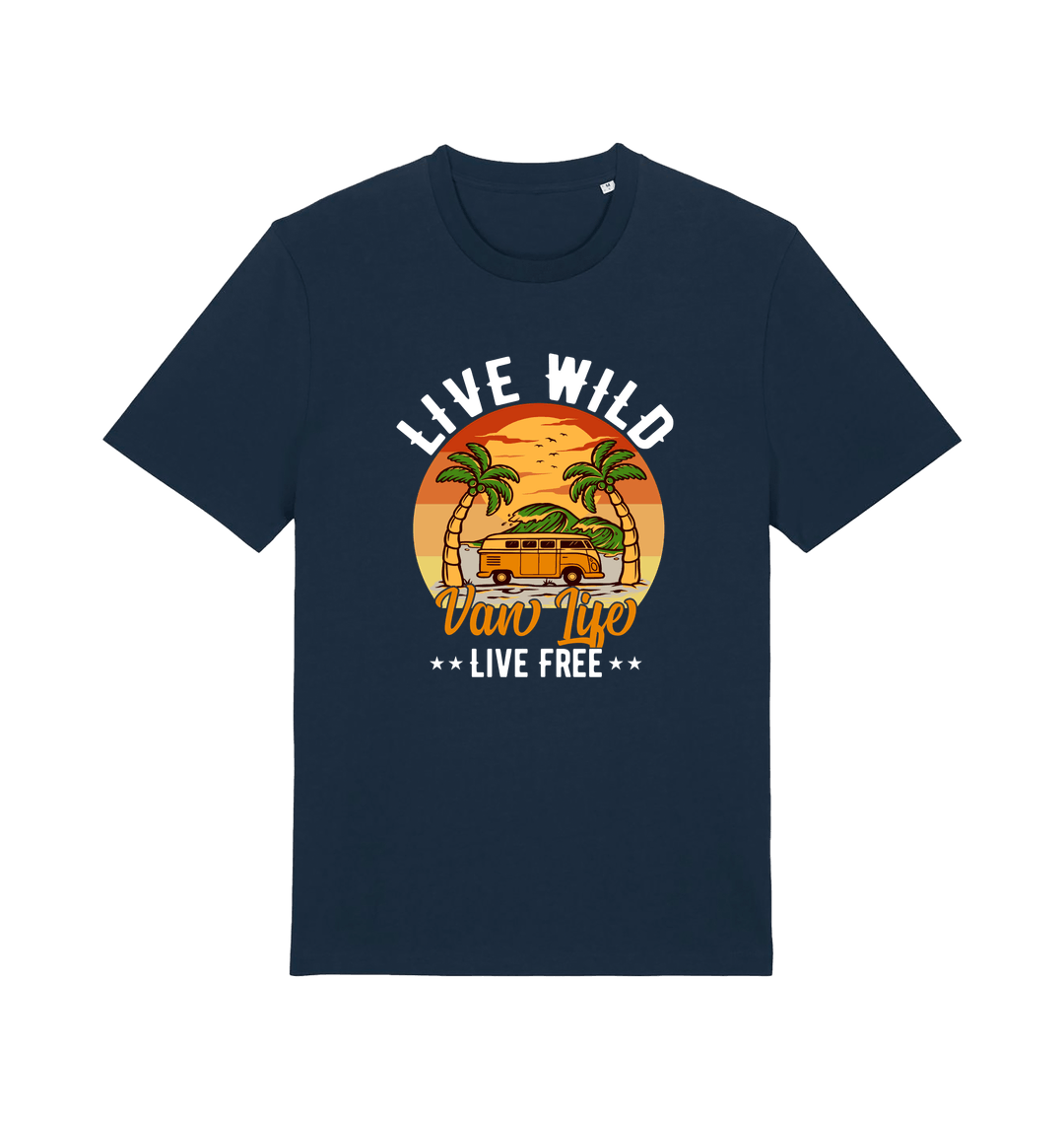 navy graphic t-shirt with a campervan in between two palm trees and the slogan 'live wild live free van life'