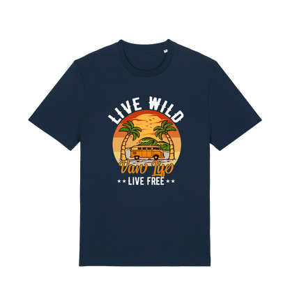 navy graphic t-shirt with a campervan in between two palm trees and the slogan 'live wild live free van life'