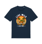 navy graphic t-shirt with a campervan in between two palm trees and the slogan 'live wild live free van life'