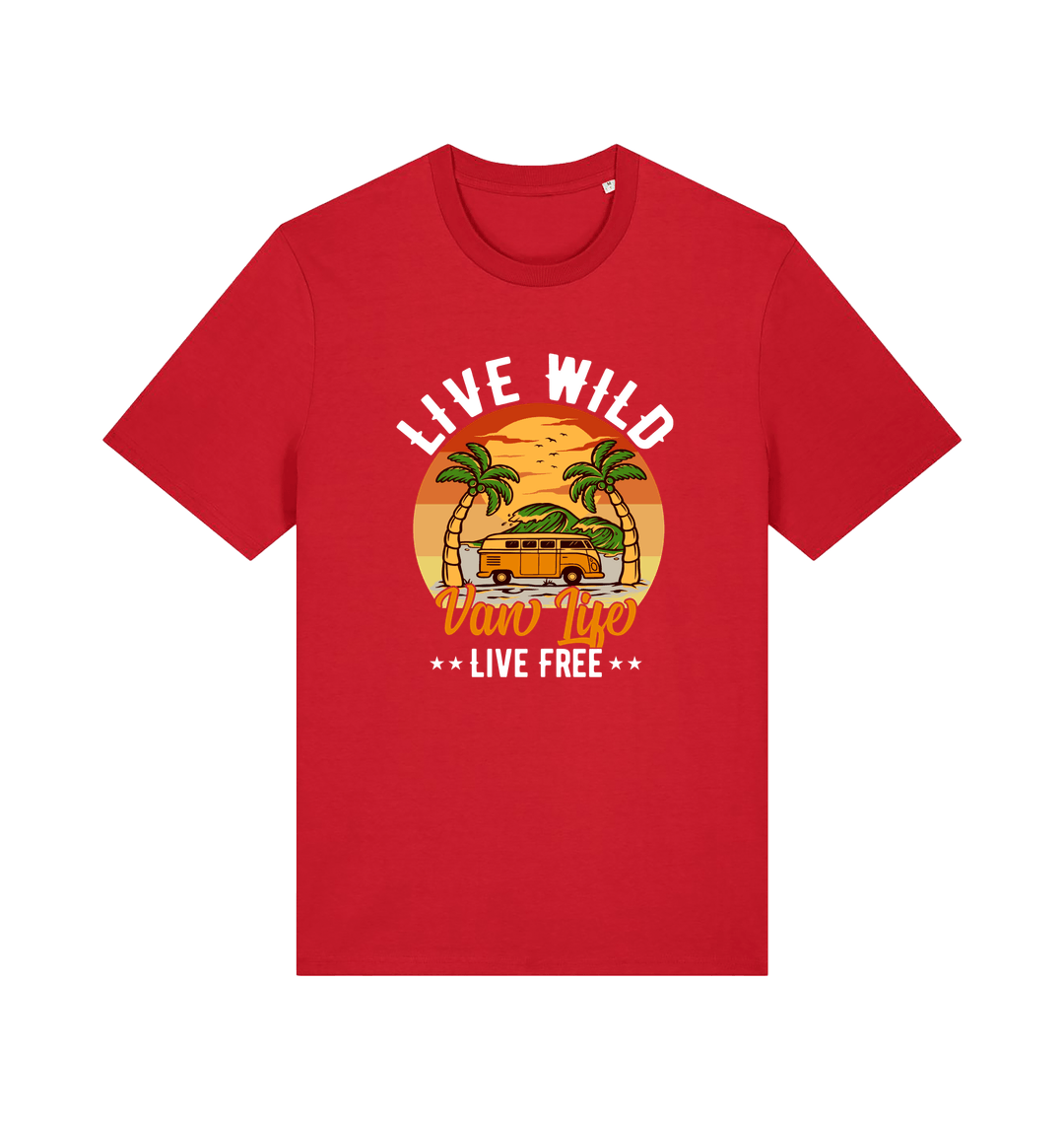 red graphic t-shirt with a campervan in between two palm trees and the slogan 'live wild live free van life'