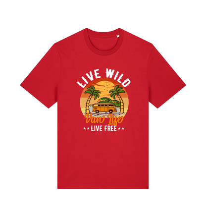 red graphic t-shirt with a campervan in between two palm trees and the slogan 'live wild live free van life'