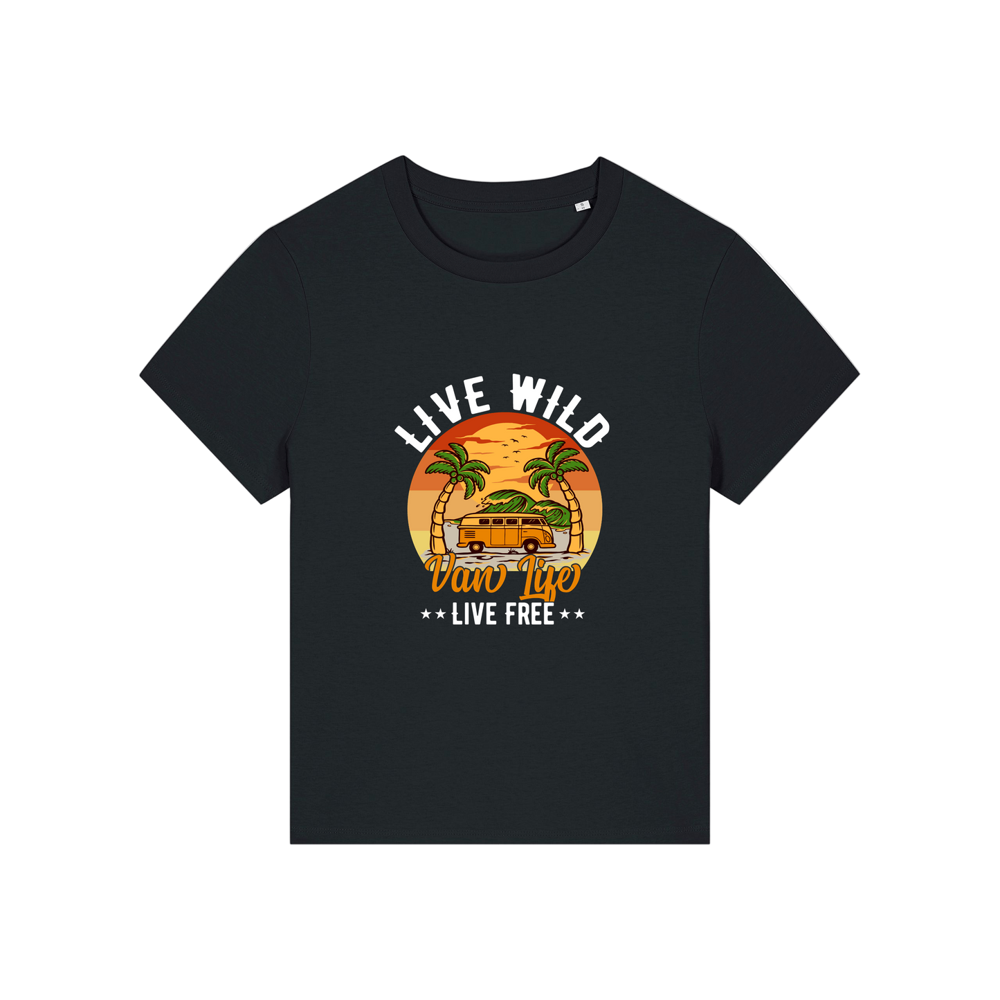 black graphic t-shirt with a campervan and palm tress and the slogan 'live wild, van life, live free'