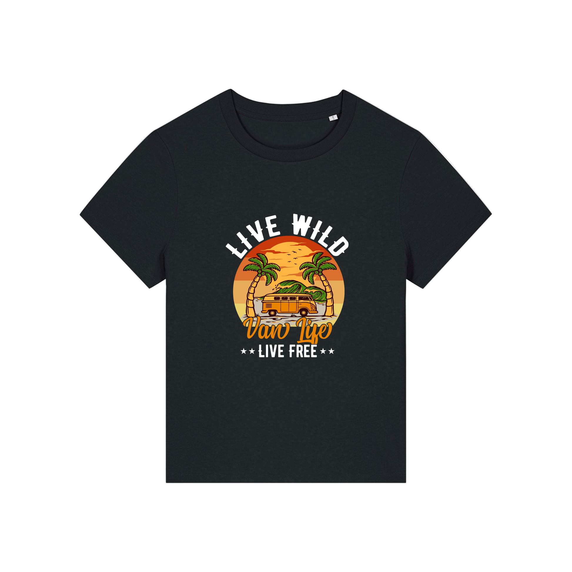 black graphic t-shirt with a campervan and palm tress and the slogan 'live wild, van life, live free'
