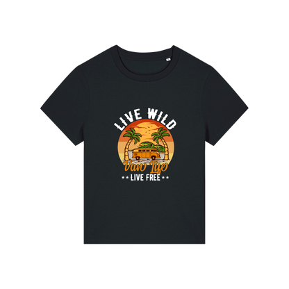 black graphic t-shirt with a campervan and palm tress and the slogan 'live wild, van life, live free'