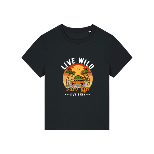 black graphic t-shirt with a campervan and palm tress and the slogan 'live wild, van life, live free'