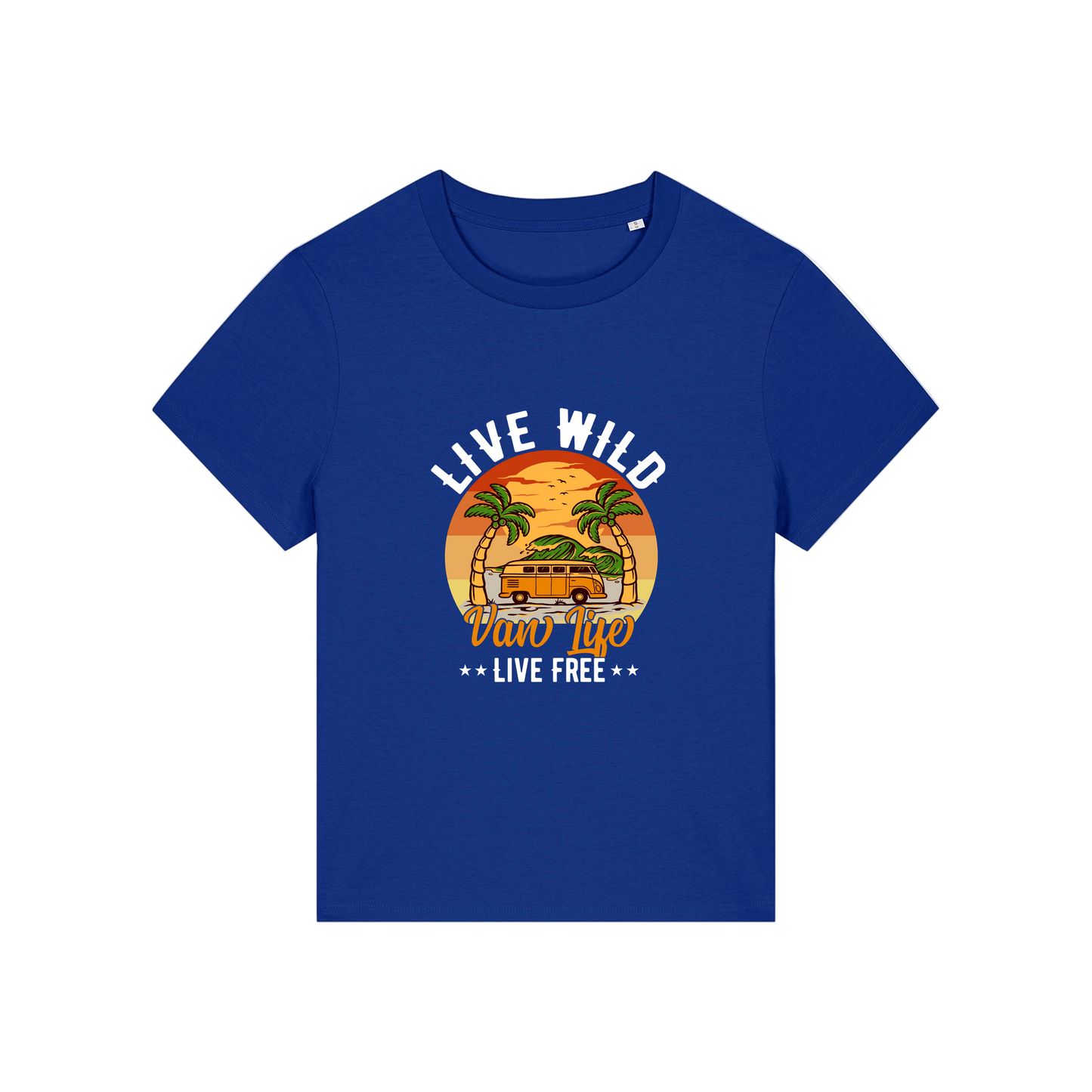 blue graphic t-shirt with a campervan and palm tress and the slogan 'live wild, van life, live free'