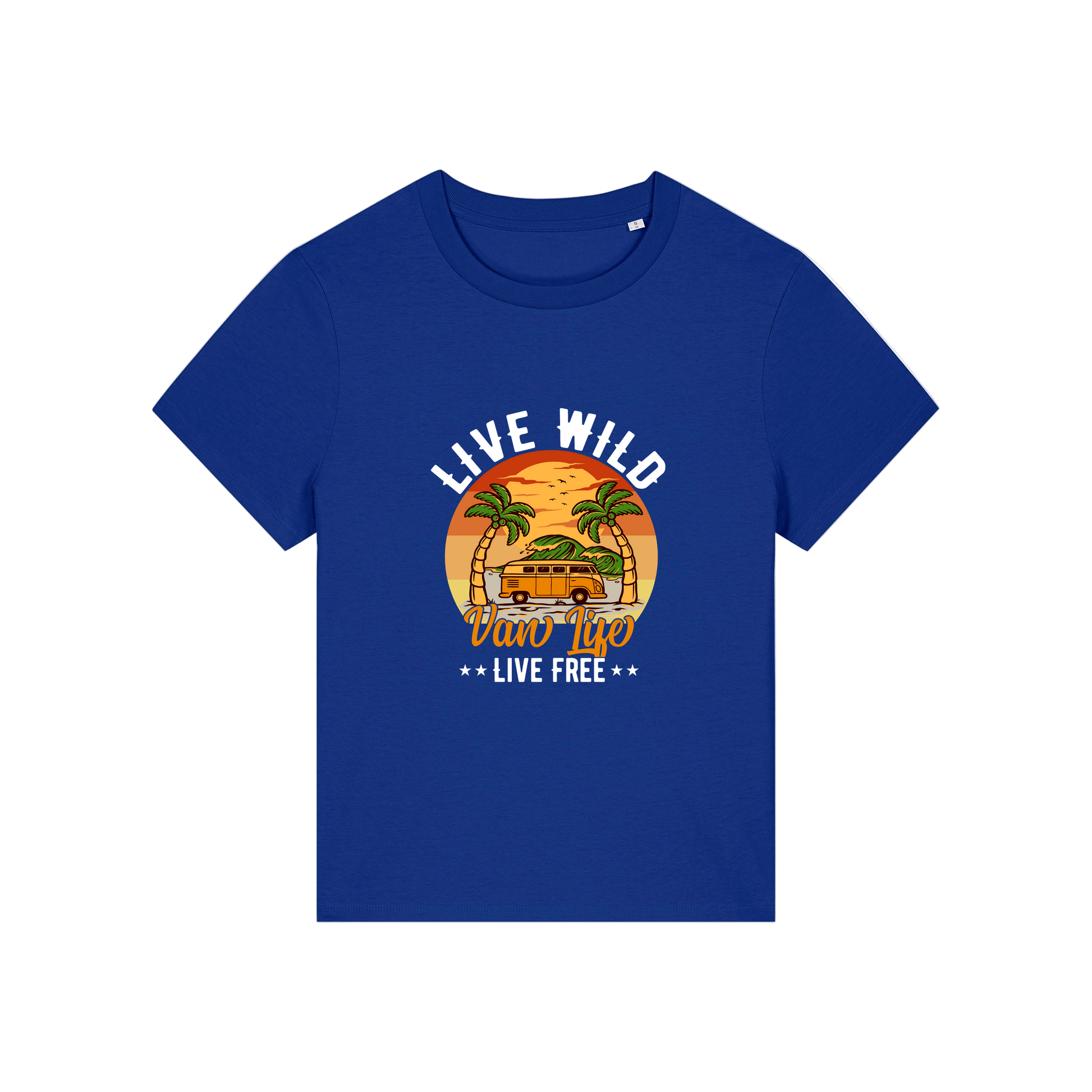 blue graphic t-shirt with a campervan and palm tress and the slogan 'live wild, van life, live free'