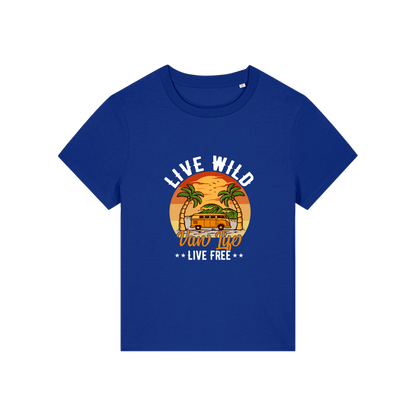 blue graphic t-shirt with a campervan and palm tress and the slogan 'live wild, van life, live free'