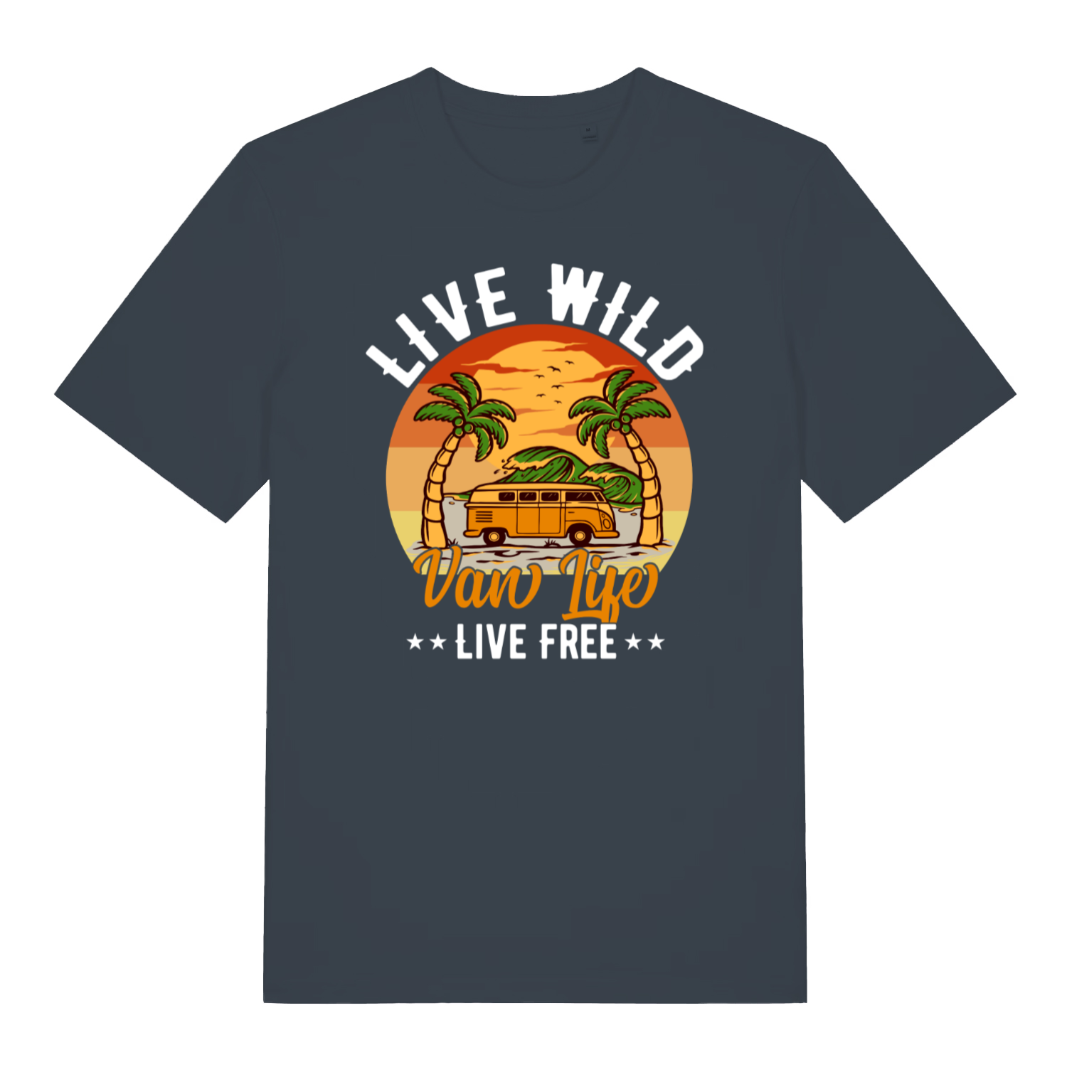 ink grey women's graphic t-shirt with a camper van design and the slogan 'live wild, live free, van life'