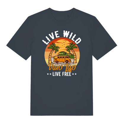 ink grey women's graphic t-shirt with a camper van design and the slogan 'live wild, live free, van life'