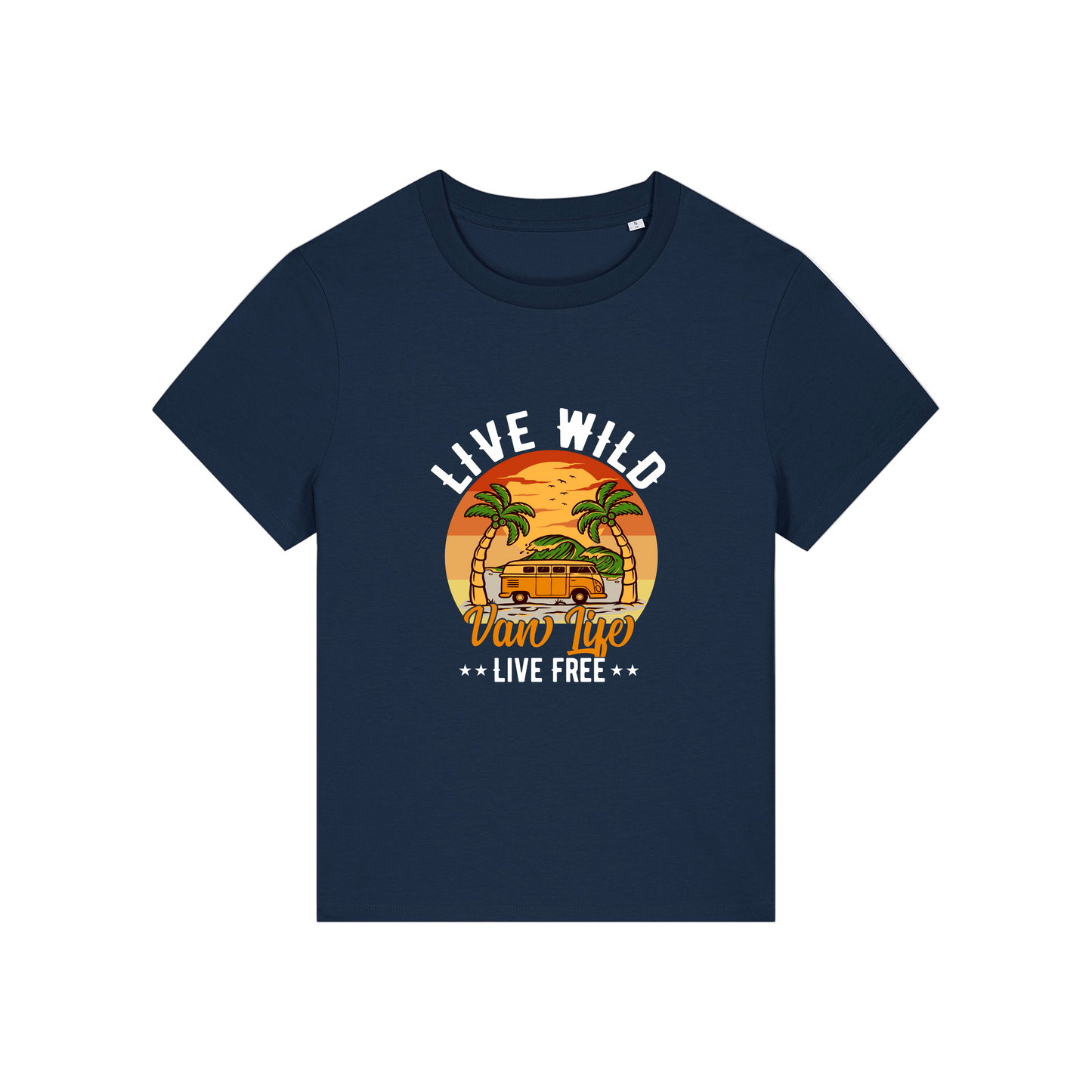 navy graphic t-shirt with a campervan and palm tress and the slogan 'live wild, van life, live free'