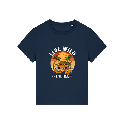 navy graphic t-shirt with a campervan and palm tress and the slogan 'live wild, van life, live free'