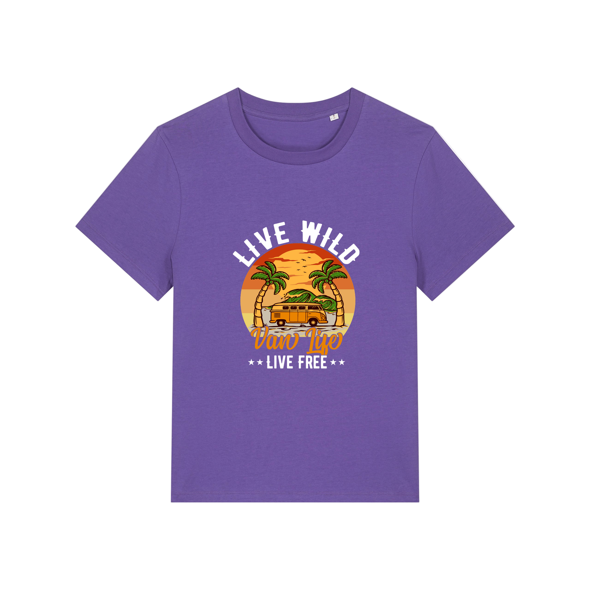 purple graphic t-shirt with a campervan and palm tress and the slogan 'live wild, van life, live free'