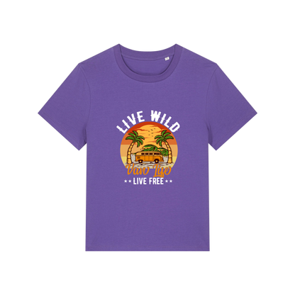 purple graphic t-shirt with a campervan and palm tress and the slogan 'live wild, van life, live free'