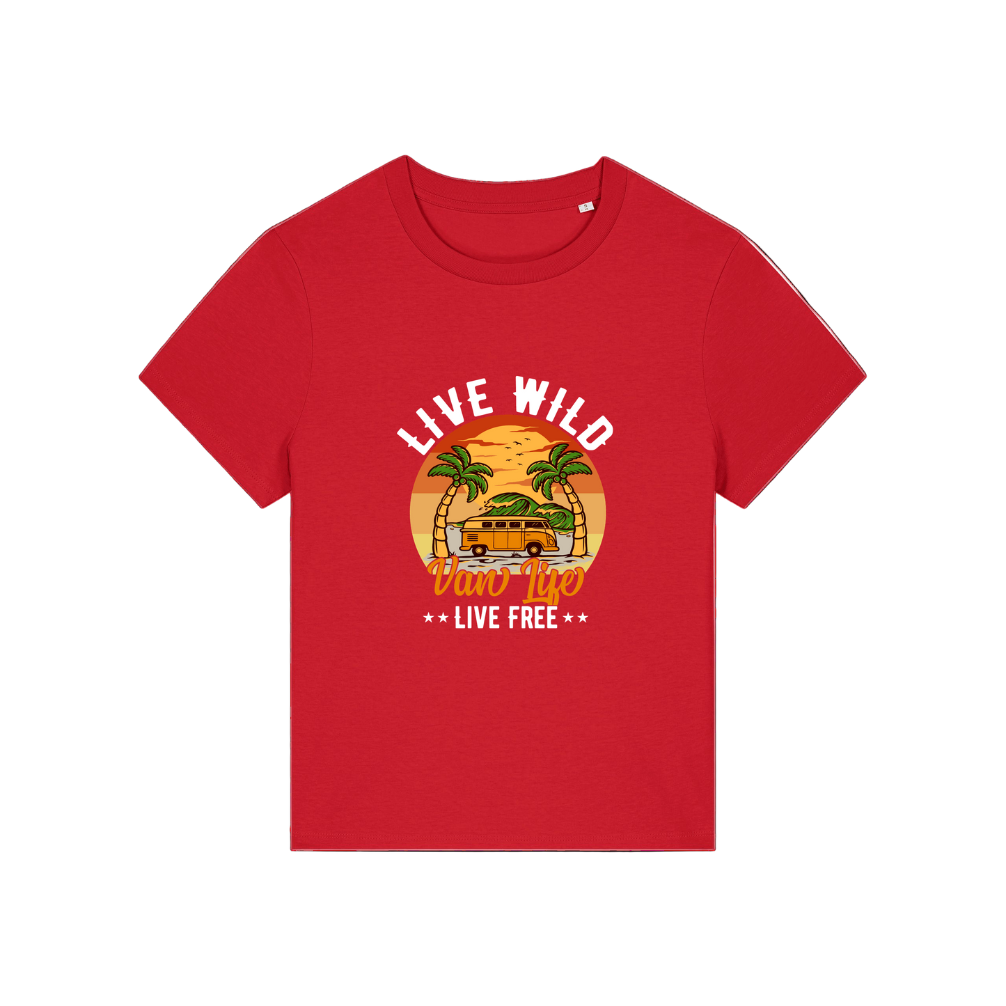 red graphic t-shirt with a campervan and palm tress and the slogan 'live wild, van life, live free'
