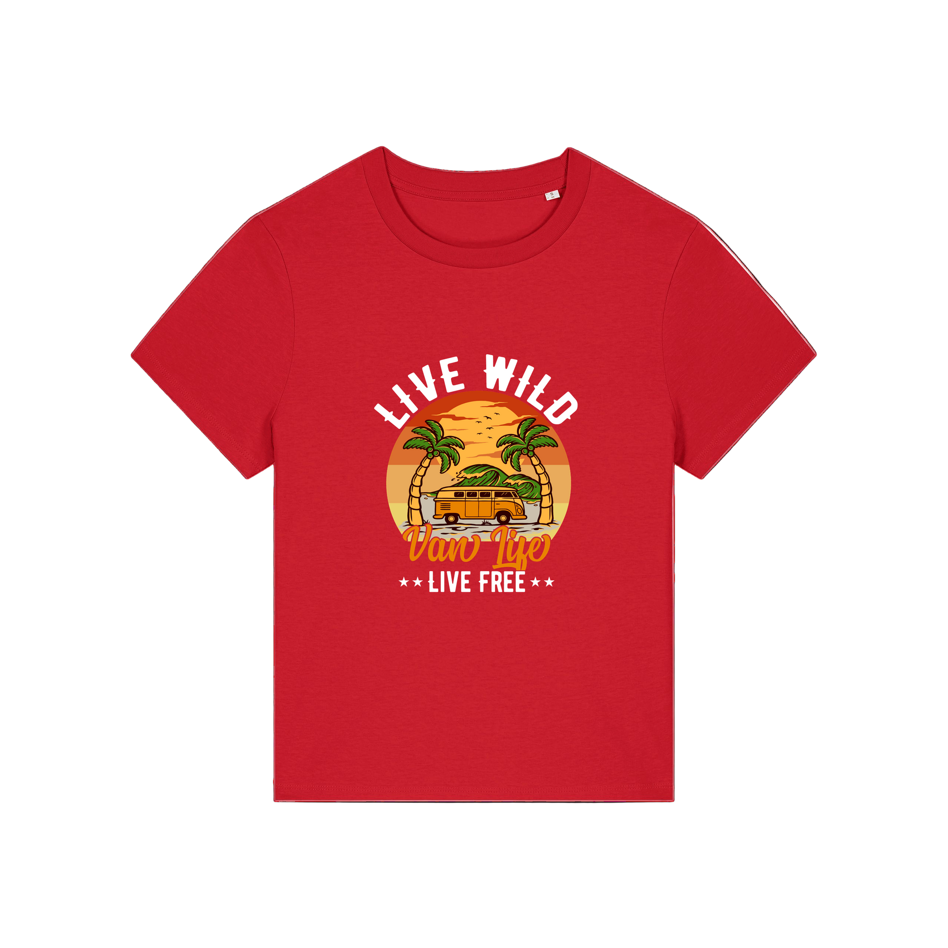 red graphic t-shirt with a campervan and palm tress and the slogan 'live wild, van life, live free'