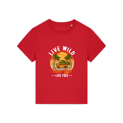 red graphic t-shirt with a campervan and palm tress and the slogan 'live wild, van life, live free'