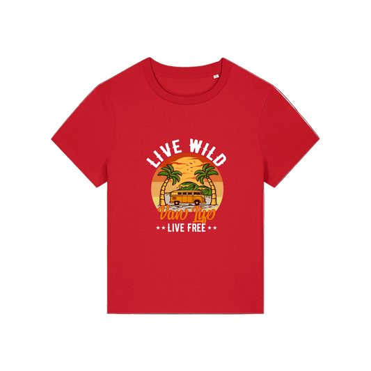 red graphic t-shirt with a campervan and palm tress and the slogan 'live wild, van life, live free'