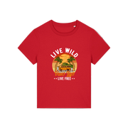 red graphic t-shirt with a campervan and palm tress and the slogan 'live wild, van life, live free'