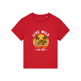 red graphic t-shirt with a campervan and palm tress and the slogan 'live wild, van life, live free'