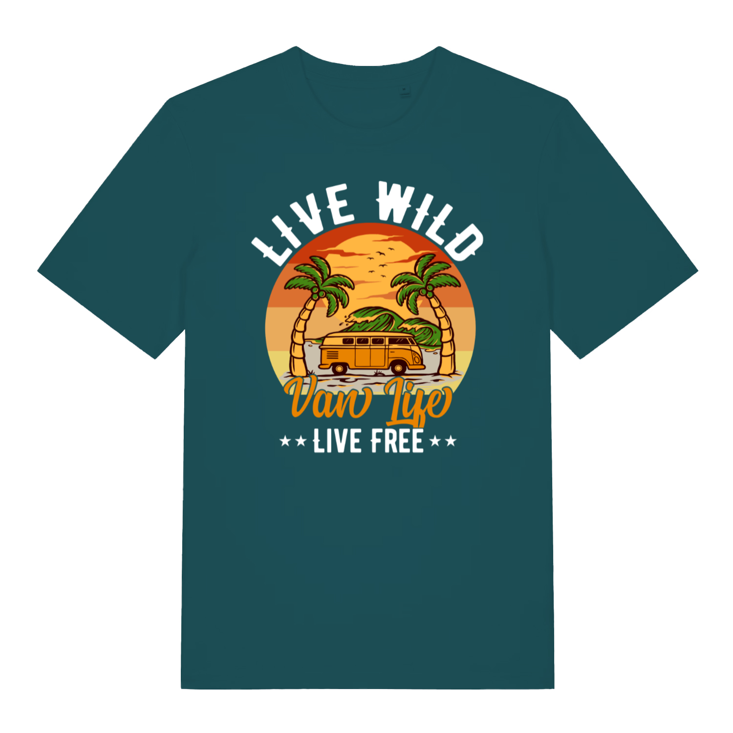 teal women's graphic t-shirt with a camper van design and the slogan 'live wild, live free, van life'