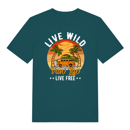 teal women's graphic t-shirt with a camper van design and the slogan 'live wild, live free, van life'