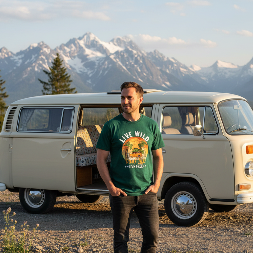 Man standing in front of a vintage van with mountains in the background