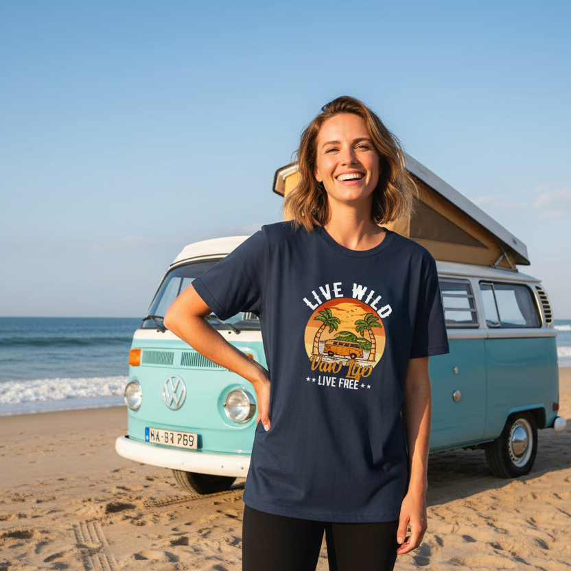Smiling woman on a beach in front of a teal van, wearing a navy "Live Wild, Van Life" t-shirt. The scene is sunny and carefree.