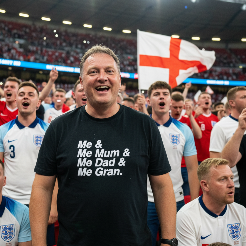 Man in a black t-shirt with text at a sports event, surrounded by fans and an English flag.