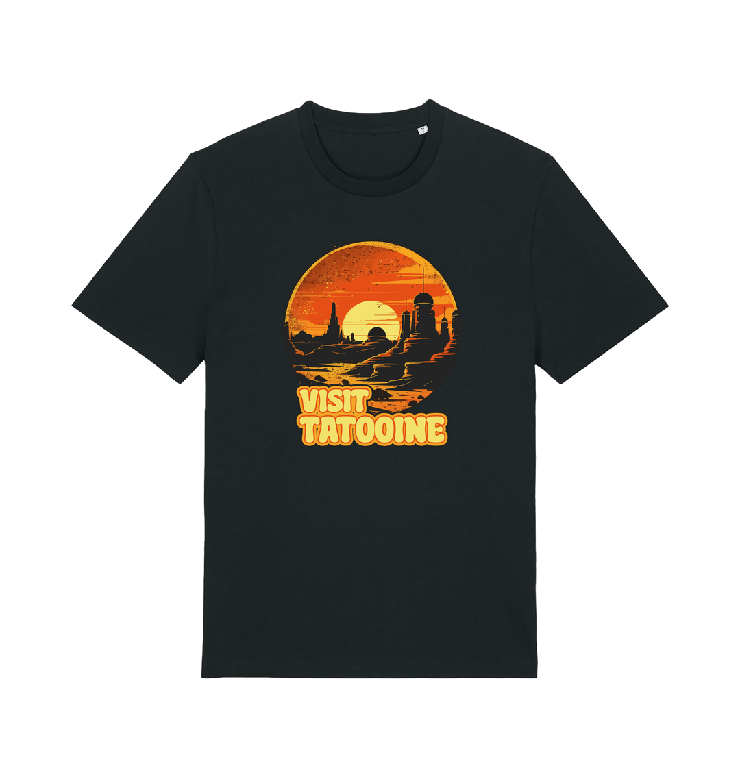 black geek t-shirt with the graphic of a sunset and the slogan 'visit tatooine'